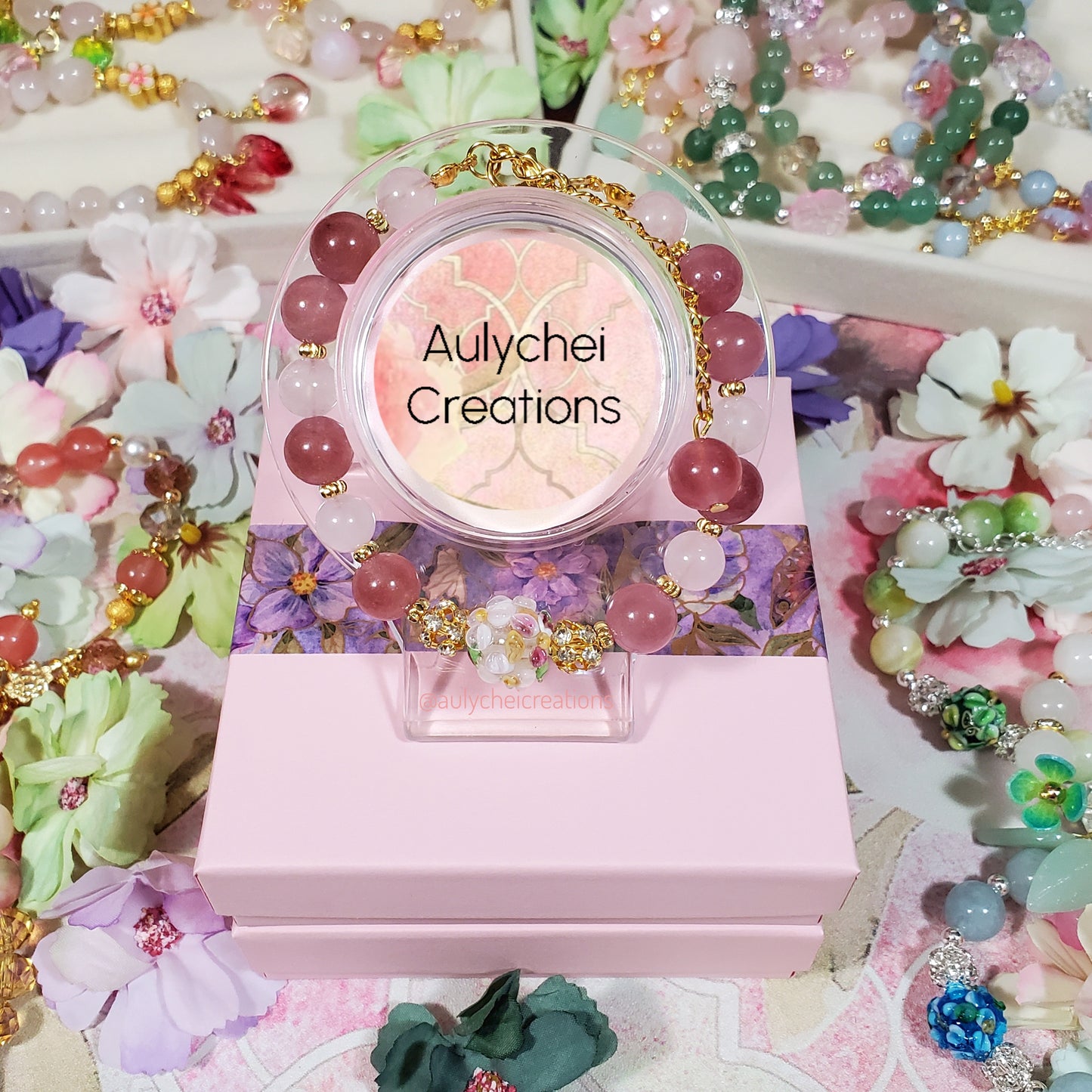 Strawberry Quartz Gemstone Lampwork Blossom Bracelet