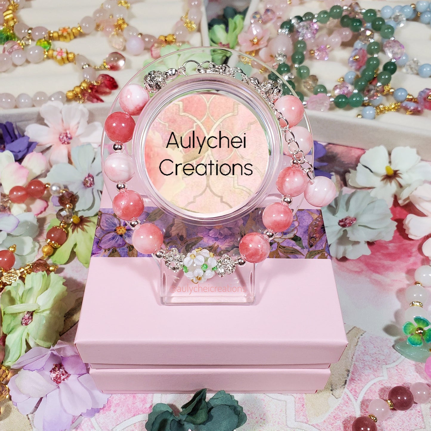 Pink Jade Gemstone Lampwork Blossom Bracelet