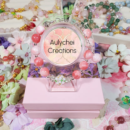 Pink Jade Gemstone Lampwork Blossom Bracelet