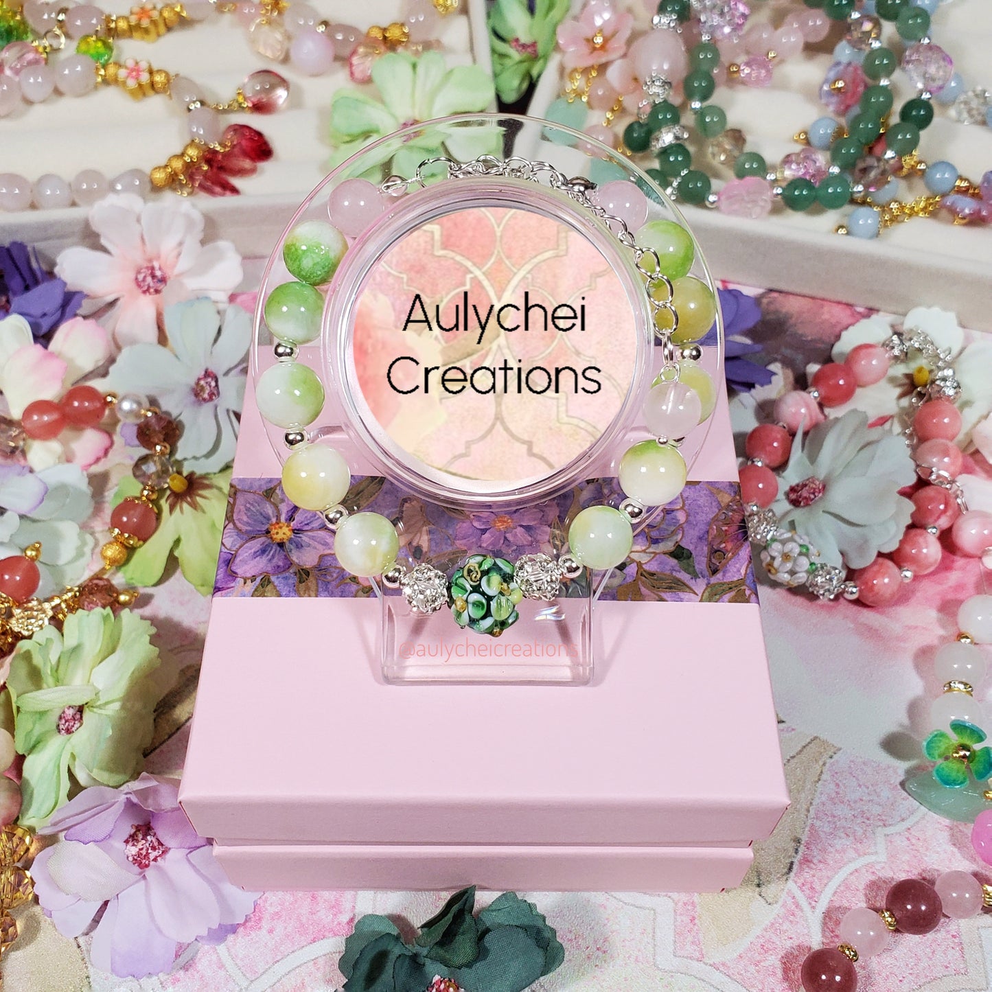 Yellow Green Jade Gemstone Lampwork Blossom Beaded Bracelet