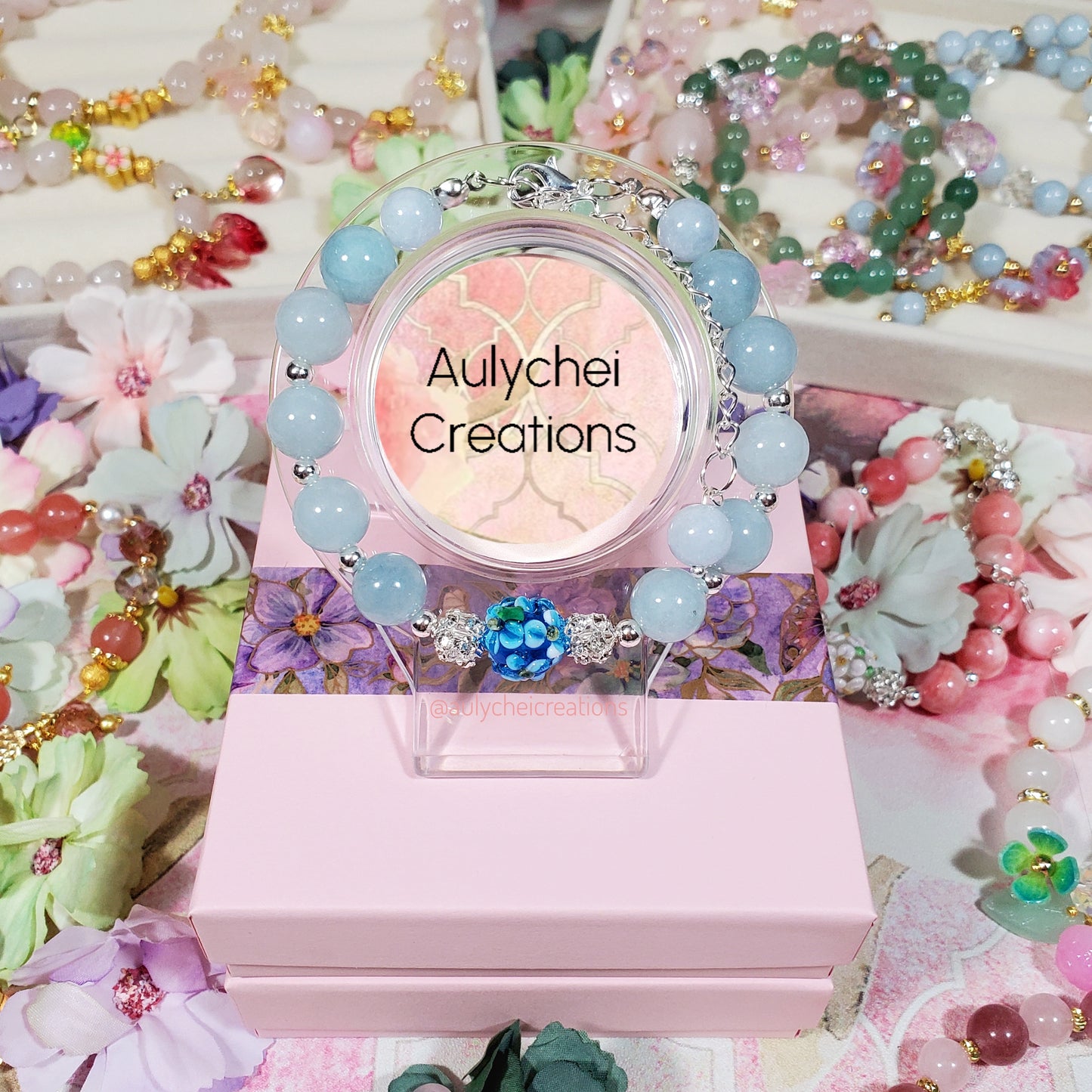 Blue Chalcedony Gemstone Lampwork Blossom Bracelet