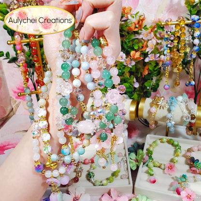 Rose Quartz Double Wrap Gemstone Bracelet with Resin Sakura Blossom Charm