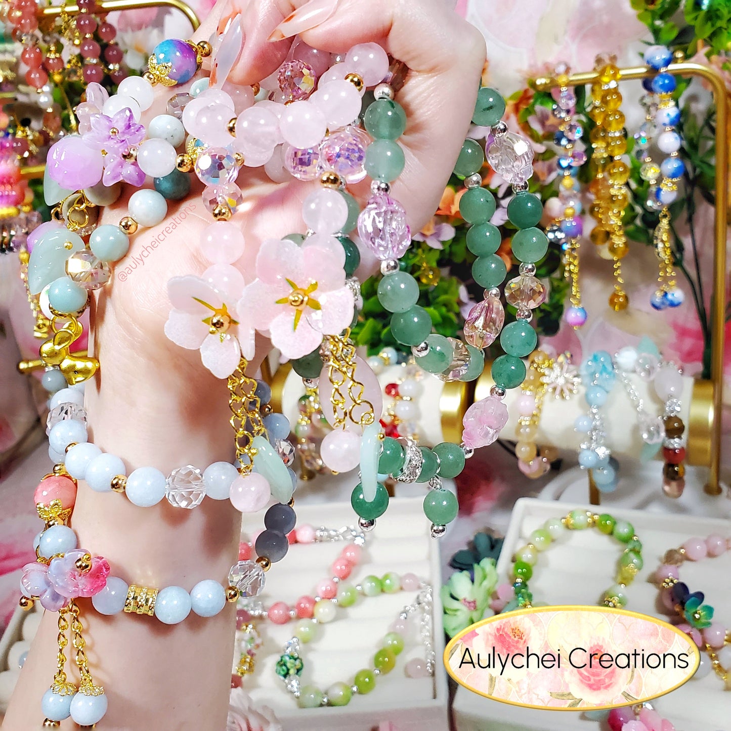 Rose Quartz Double Wrap Gemstone Bracelet with Resin Sakura Blossom Charm