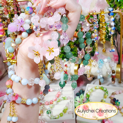 Rose Quartz Double Wrap Gemstone Bracelet with Resin Sakura Blossom Charm
