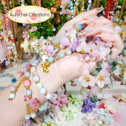 White Jade Double Wrap Gemstone Bracelet with Glass Flower Blossom Charm