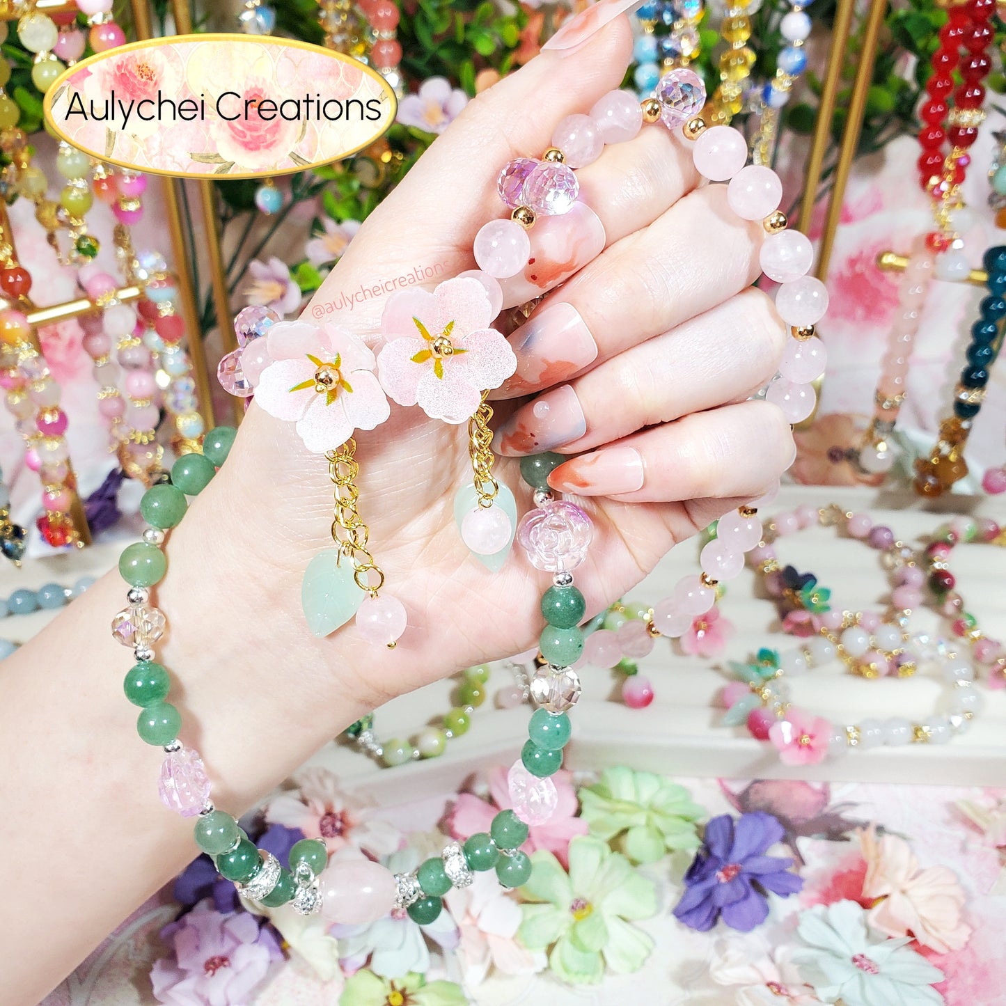 Rose Quartz Double Wrap Gemstone Bracelet with Resin Sakura Blossom Charm