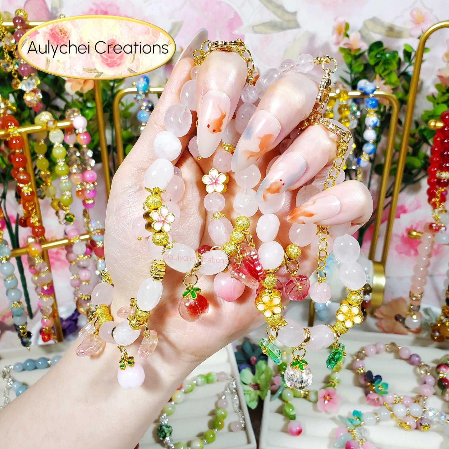 Rose Quartz Gemstone Bracelet with Green Glass Peach Charm