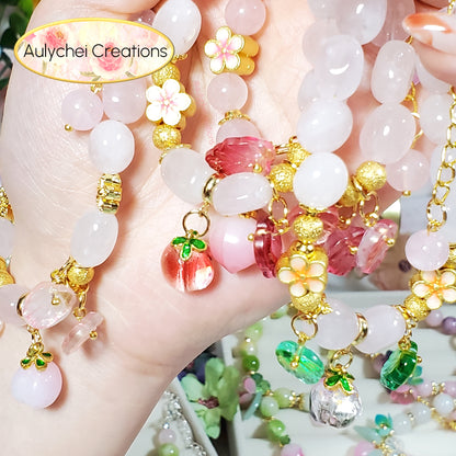 Rose Quartz Gemstone Bracelet with Green Glass Peach Charm
