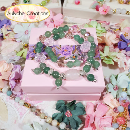 Green Jade Double Wrap Gemstone Bracelet with Rose Quartz Pendant