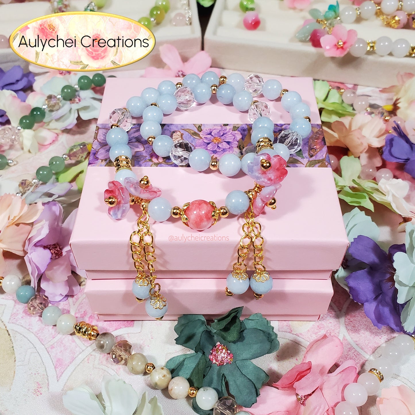 Blue Chalcedony Double Wrap Gemstone Bracelet with Glass Flower Blossom Charm