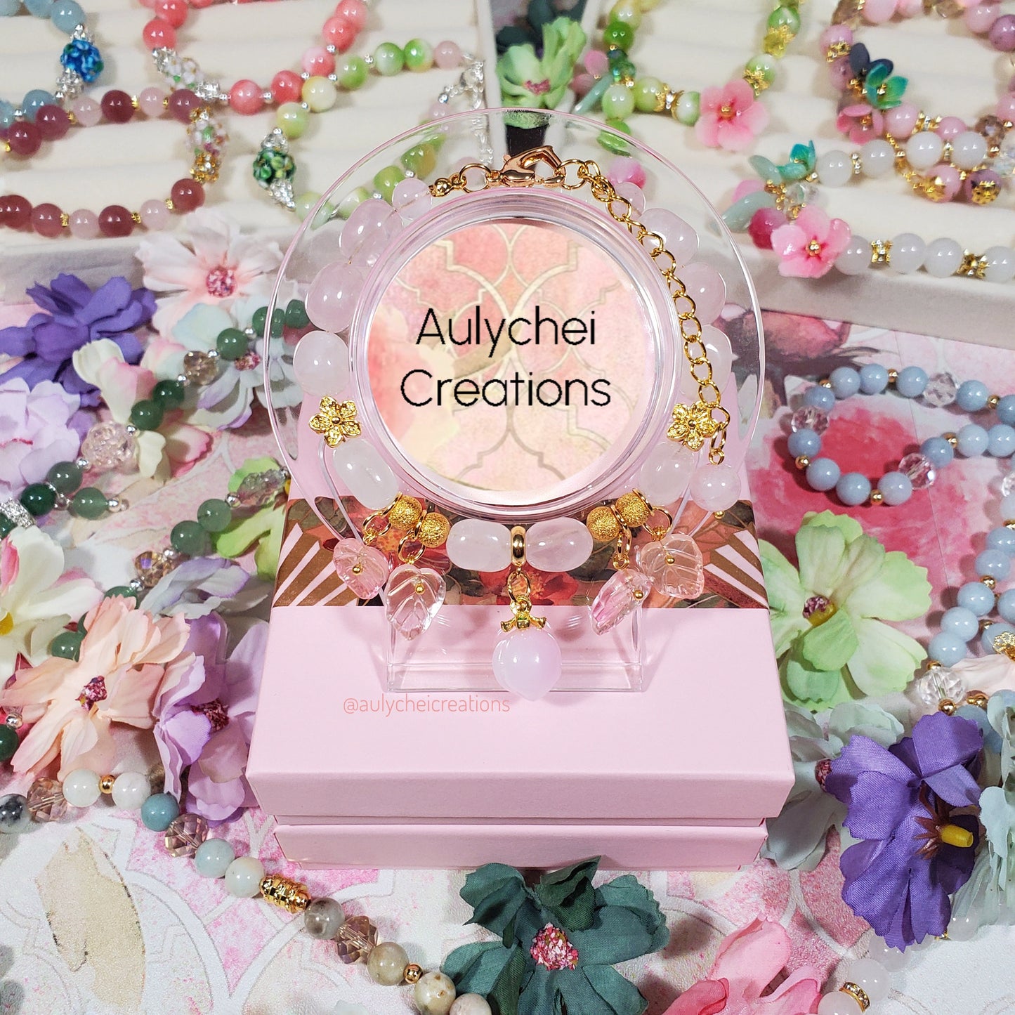 Rose Quartz Gemstone Bracelet with Rose Glass Peach Charm