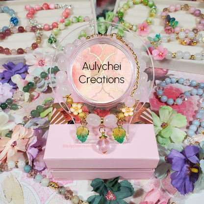 Rose Quartz Gemstone Bracelet with Green Glass Peach Charm