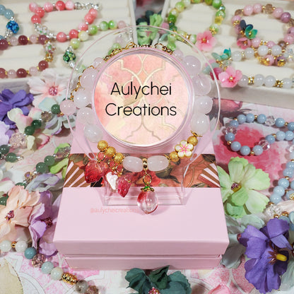 Rose Quartz Gemstone Bracelet with Red Glass Peach Charm