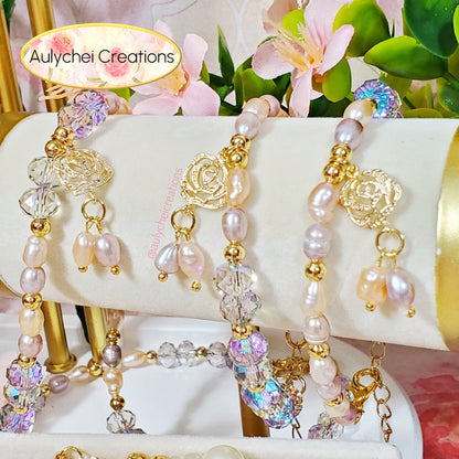 Rose Freshwater Cultured Pearl Phantom Crystal Jewelry Set with Necklace, Cube Hook Earrings, and Bracelet