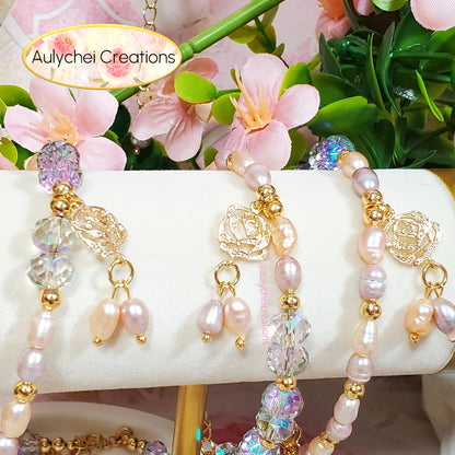 Rose Freshwater Cultured Pearl Phantom Crystal Jewelry Set with Necklace, Cube Hook Earrings, and Bracelet