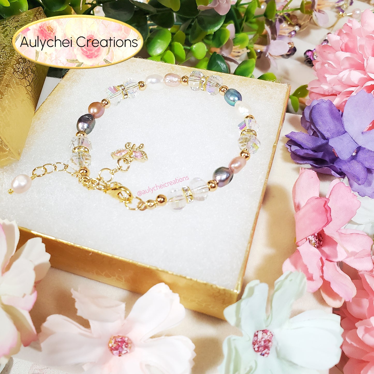 Multi-Color Freshwater Cultured Pearl Butterfly Bracelet