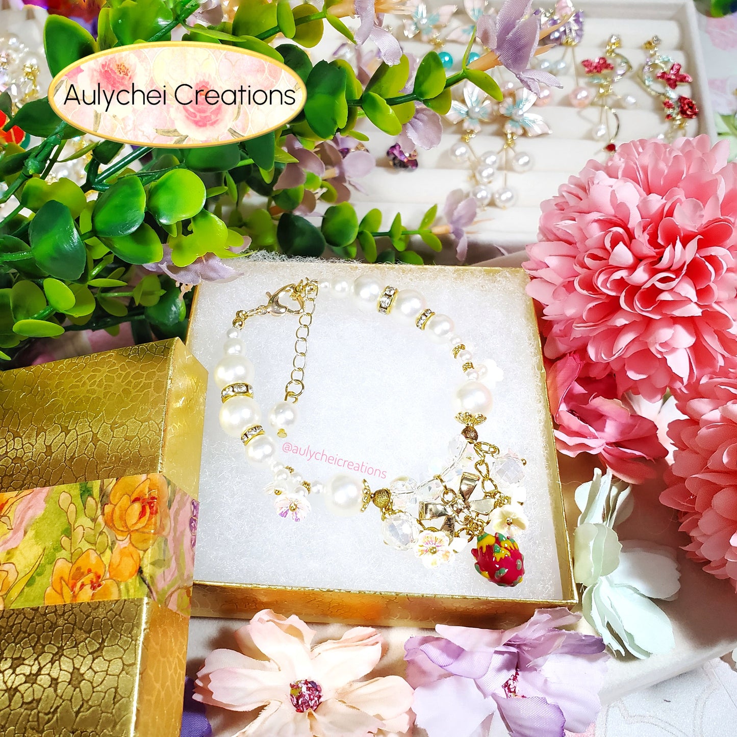 Ivory Pearl Dragon Fruit Enamel Charm Bracelet