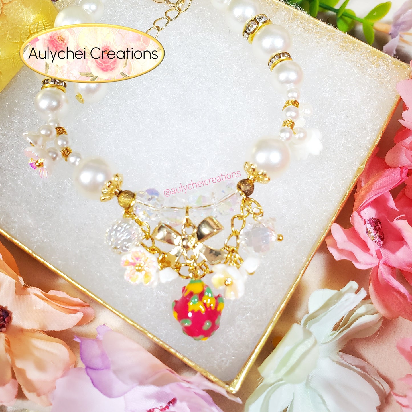 Ivory Pearl Dragon Fruit Enamel Charm Bracelet