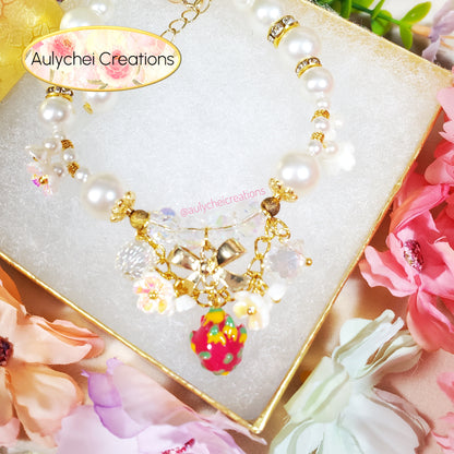 Ivory Pearl Dragon Fruit Enamel Charm Bracelet