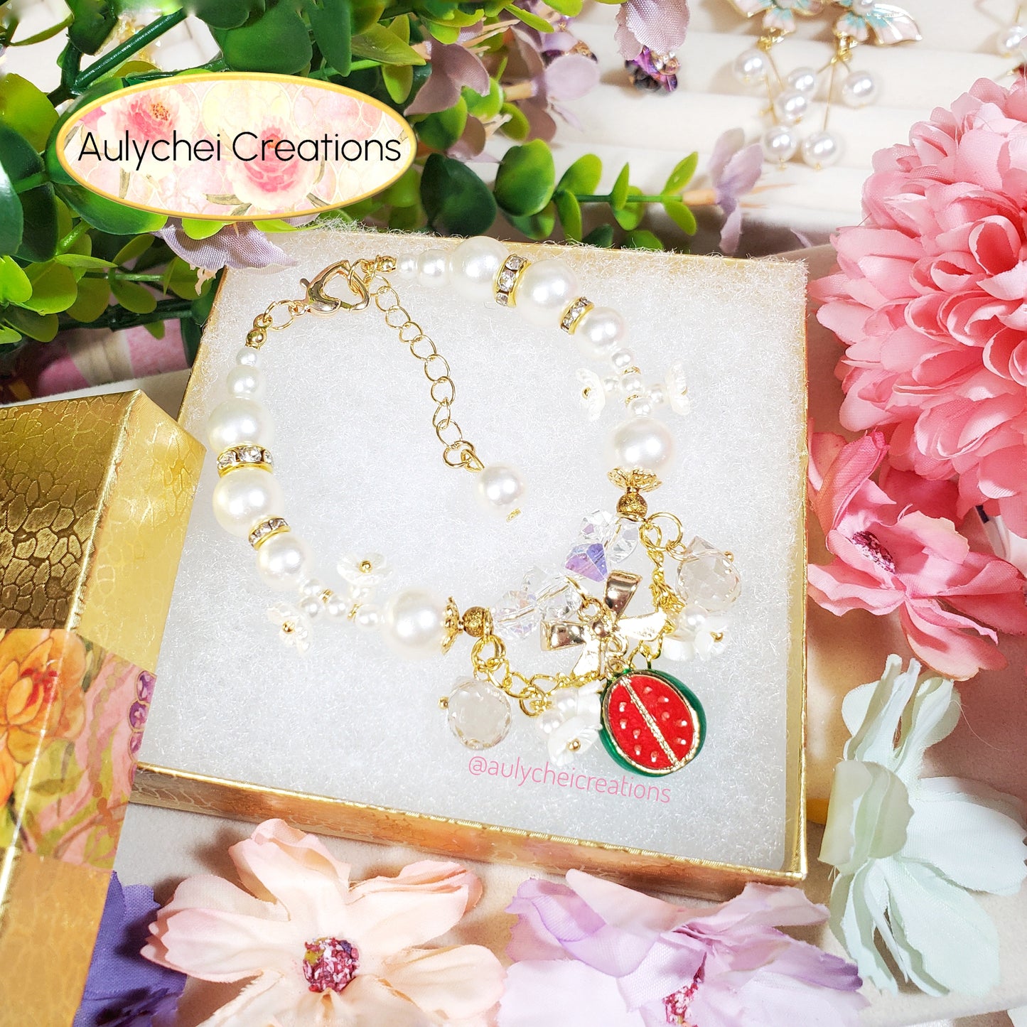 Ivory Pearl Watermelon Enamel Charm Bracelet