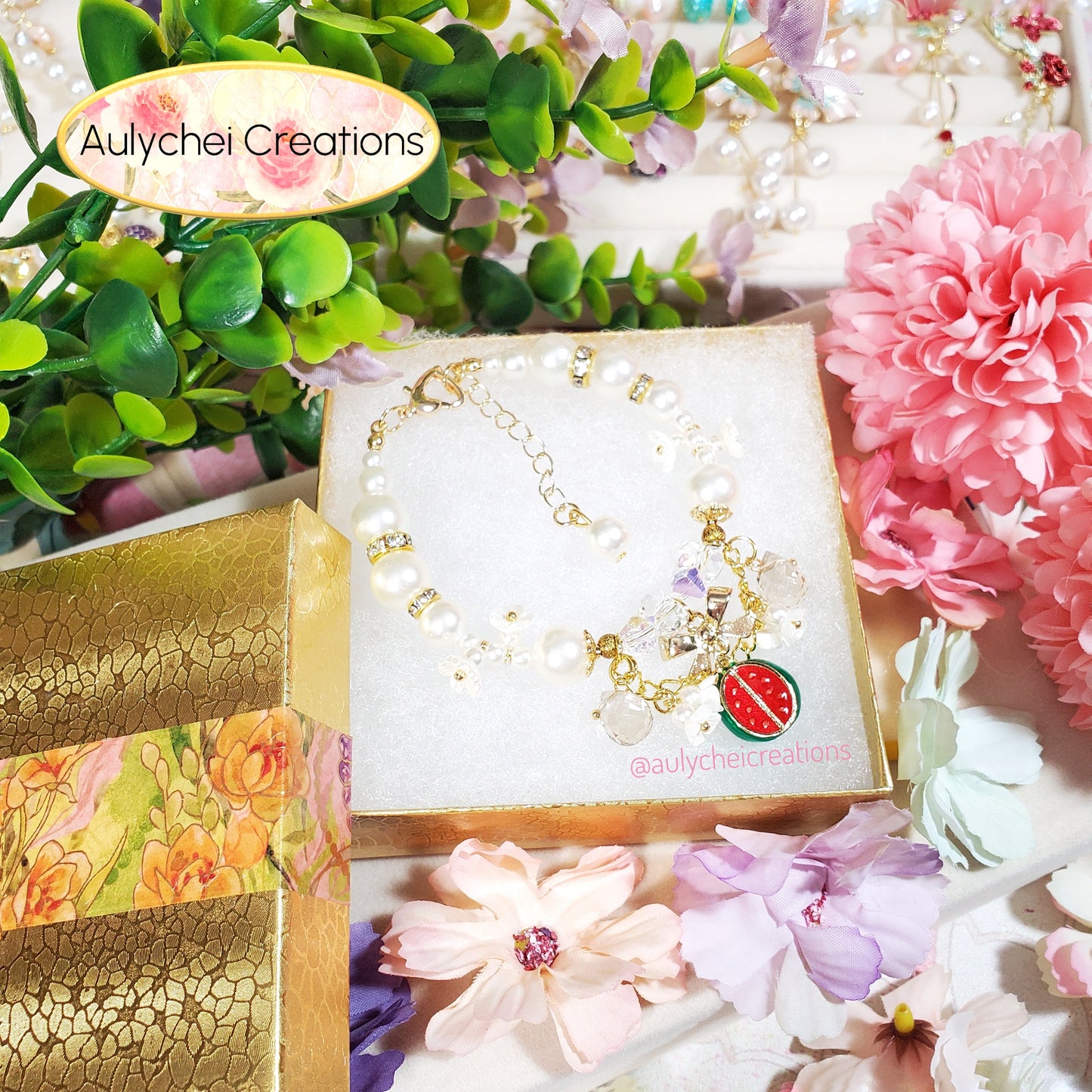 Ivory Pearl Watermelon Enamel Charm Bracelet