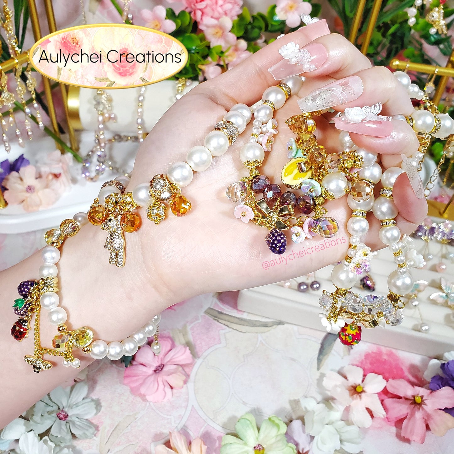 Ivory Pearl Dragon Fruit Enamel Charm Bracelet