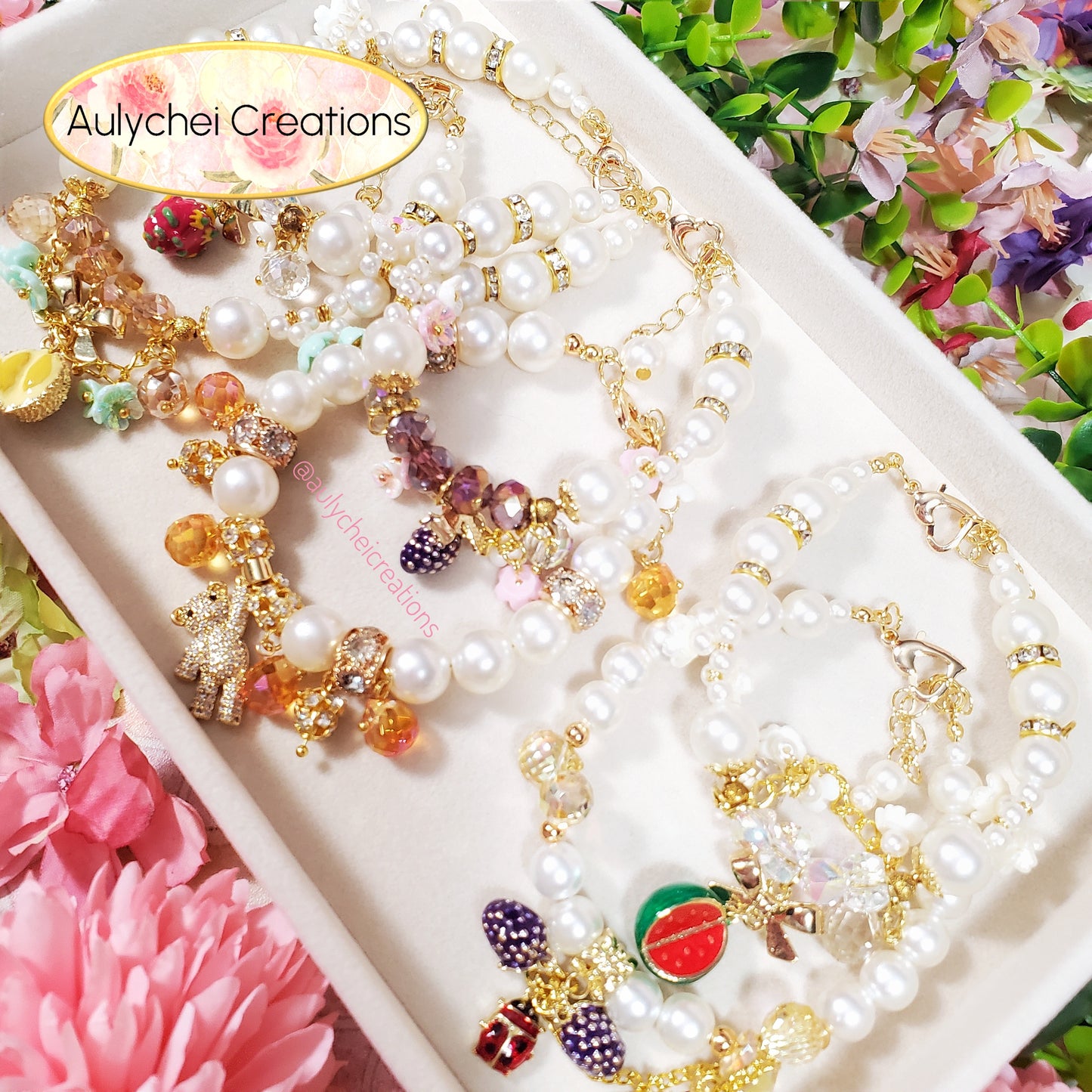 Ivory Pearl Dragon Fruit Enamel Charm Bracelet