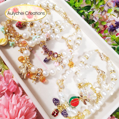 Ivory Pearl Dragon Fruit Enamel Charm Bracelet