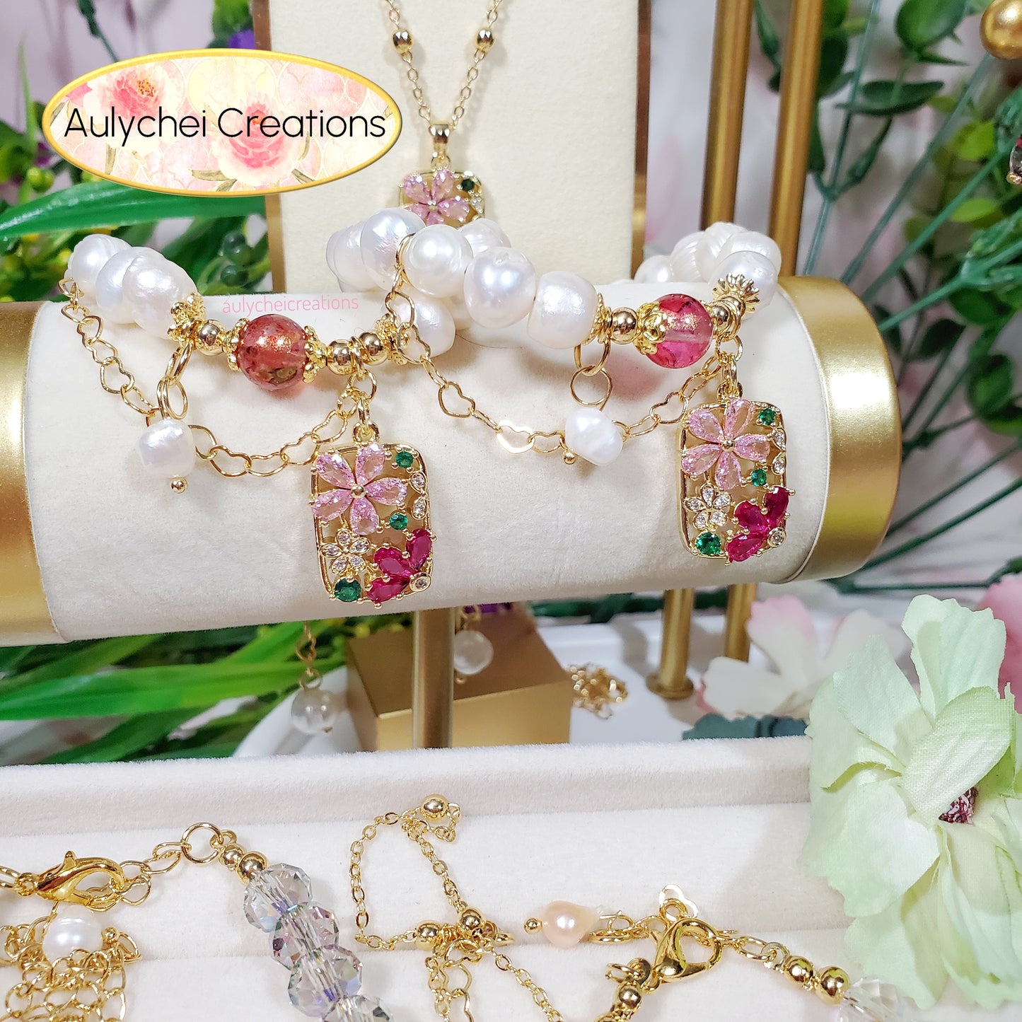 Cubic Zirconia Flower Cultured Pearl Bracelet