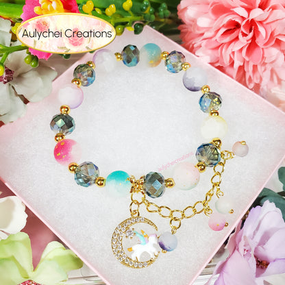 Teal Crystal Unicorn Frosted Bead Charm Bracelet