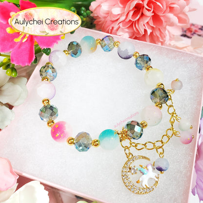 Teal Crystal Unicorn Frosted Bead Charm Bracelet