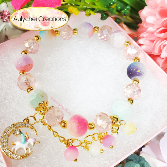 Pink Crystal Unicorn Frosted Bead Charm Bracelet