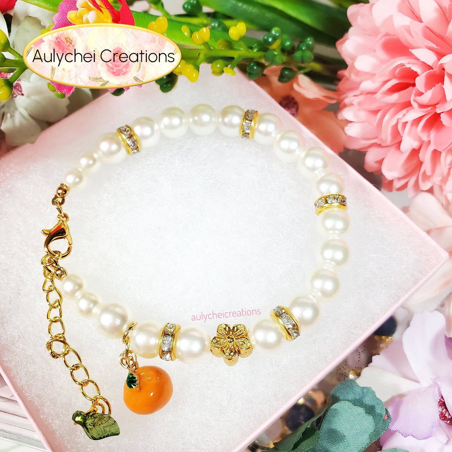 Ivory Pearl Bracelet with Tangerine Fruit Enamel Charm