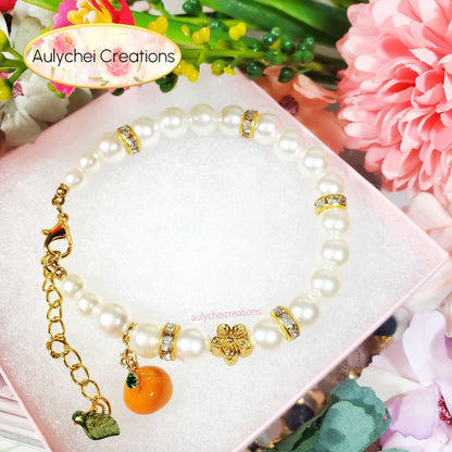 Ivory Pearl Bracelet with Tangerine Fruit Enamel Charm