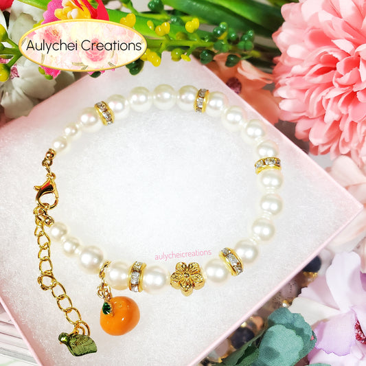 Ivory Pearl Bracelet with Tangerine Fruit Enamel Charm