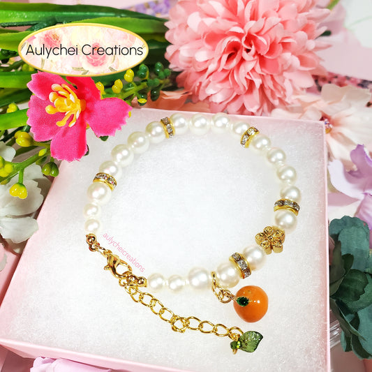 Ivory Pearl Bracelet with Tangerine Fruit Enamel Charm