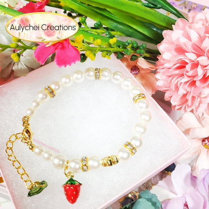 Ivory Pearl Strawberry Enamel Charm Bracelet 02