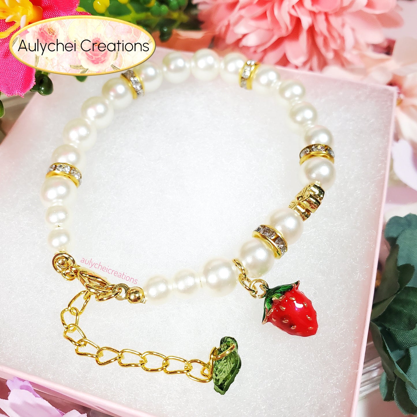 Ivory Pearl Strawberry Enamel Charm Bracelet 02