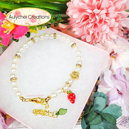 Ivory Pearl Bracelet with Strawberry Fruit Enamel Charm - 01