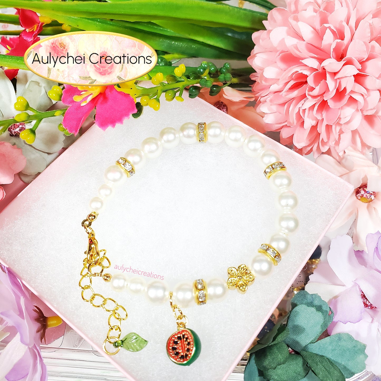 Ivory Pearl Bracelet with Watermelon Fruit Enamel Charm