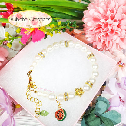Ivory Pearl Bracelet with Watermelon Fruit Enamel Charm