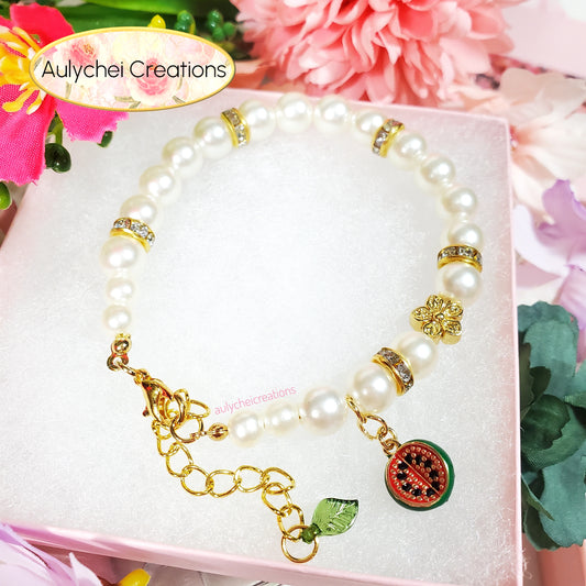 Ivory Pearl Bracelet with Watermelon Fruit Enamel Charm