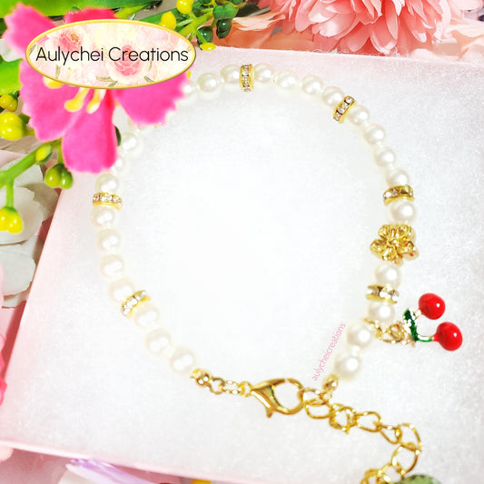 Ivory Pearl Cherry Enamel Charm Bracelet