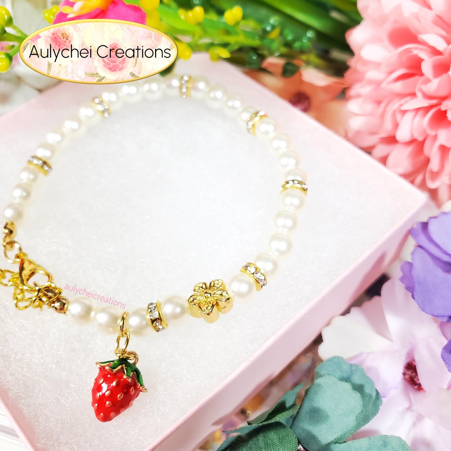 Ivory Pearl Strawberry Enamel Charm Bracelet 02