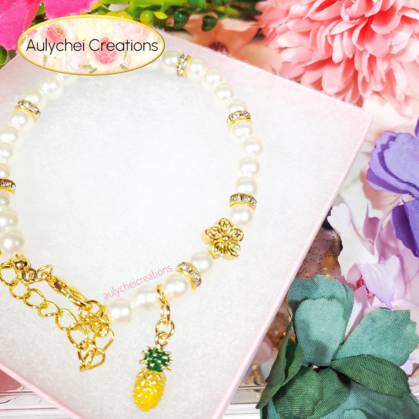 Ivory Pearl Pineapple Enamel Charm Bracelet