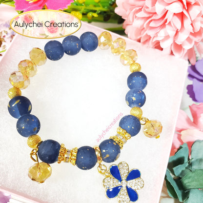18K Blue Enamel Flower Frosted Bead Bracelet