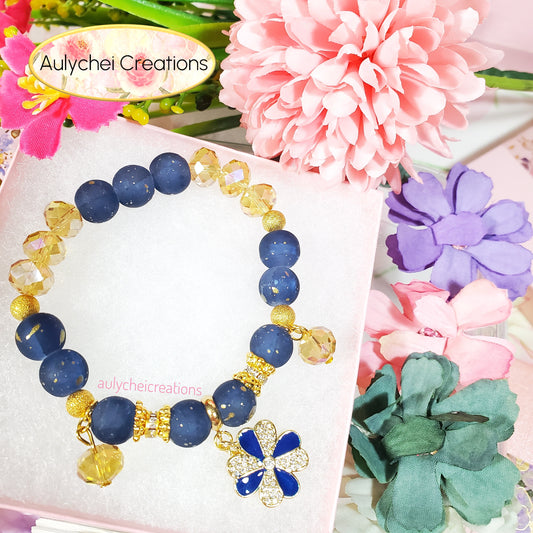 18K Blue Enamel Flower Frosted Bead Bracelet