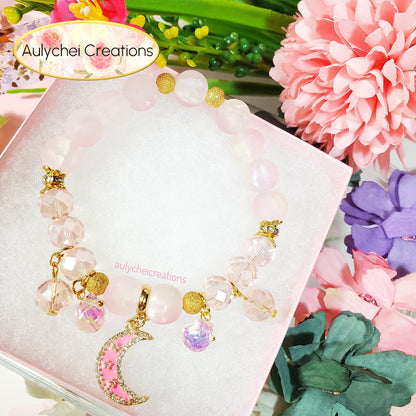 18K Pink Enamel Moon Frosted Bead Bracelet