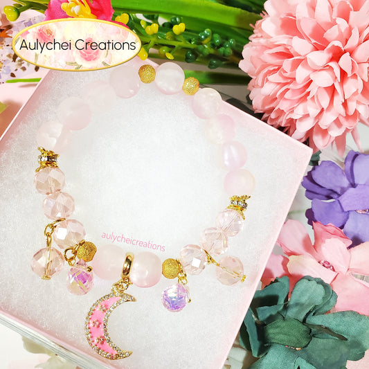 18K Pink Enamel Moon Frosted Bead Bracelet