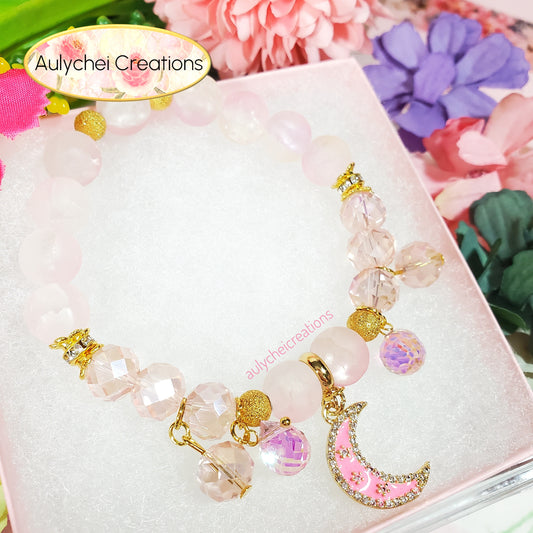 18K Pink Enamel Moon Frosted Bead Bracelet